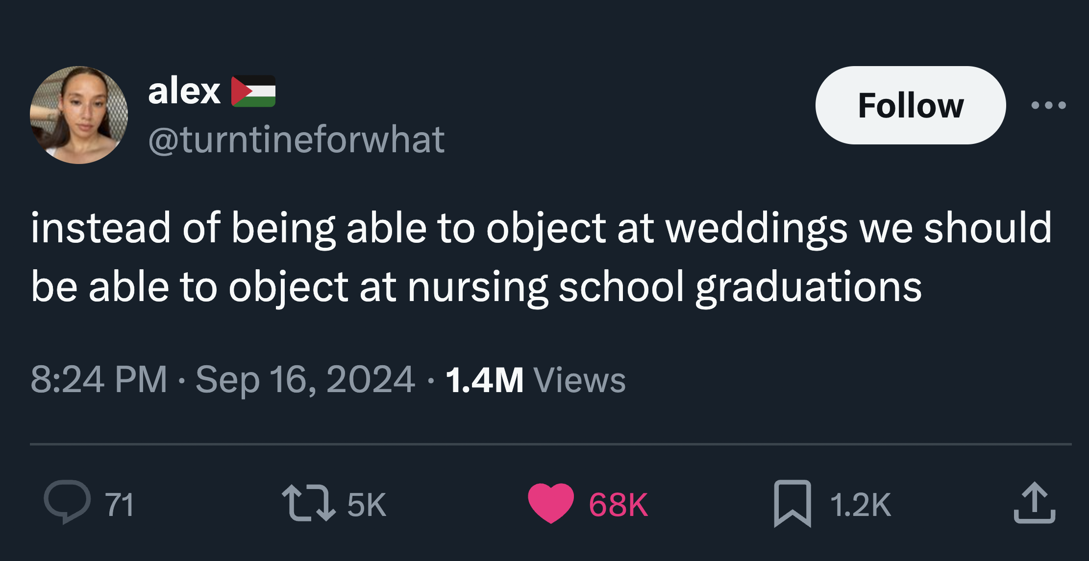 screenshot - alex instead of being able to object at weddings we should be able to object at nursing school graduations 1.4M Views